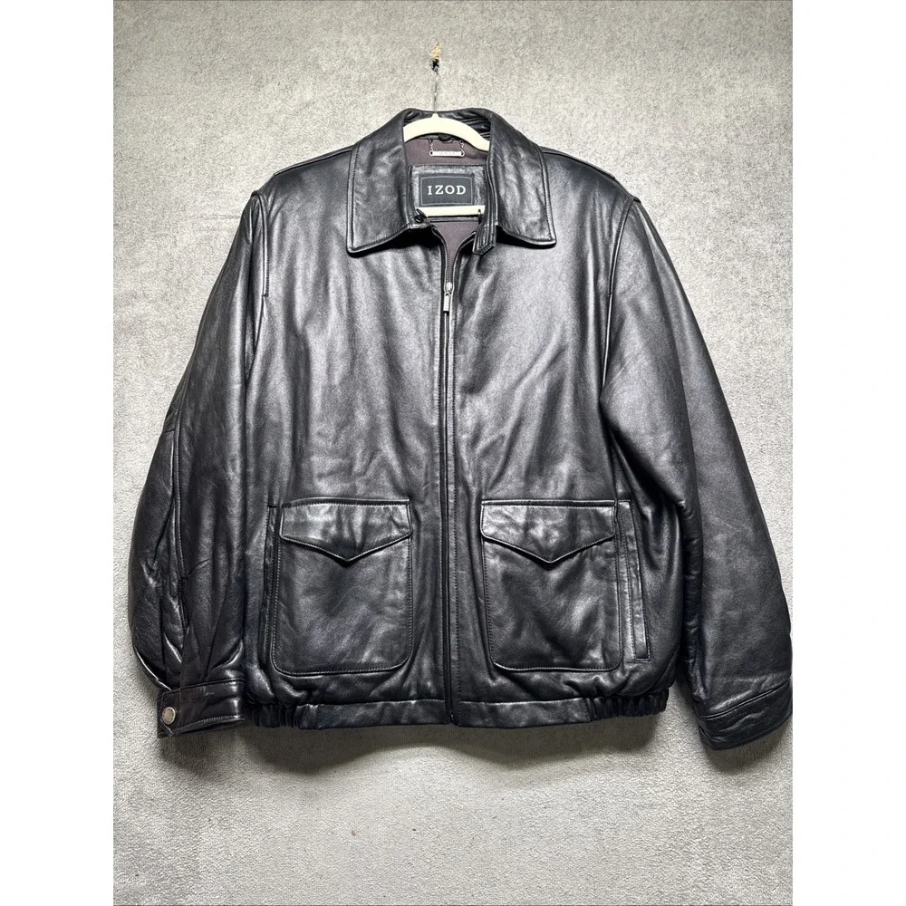 Izod Black Leather Jacket Men's Large Classic Bomber Moto Core‎ Style